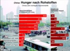 China: Top10-Importrohstoffe: Einfuhrwert, Anteile am weltweiten Import / Infografik Globus 0729 vom 23.06.2006 