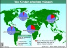 Weltkarte der KInderarbeit, Anteil der Kinderarbeit: Landwirtschaft, Dienstleistung, Industrie / Infografik Globus 1507 vom 20.07.2007 