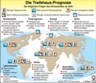 Weltkarte zum Klimawandel, Folgen bis 2050, Wasservorräte, Gletscherschmelze,Infektionskrankheiten, Wetterextreme, Biodiveristät, Landwirtschaft / Infografik Globus 1574 vom 24.08.2007 