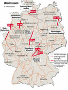Stromtrassen in Deutschland: 380 V-Leitungen: Bestand und Ausbau:  Grafik Groansicht
